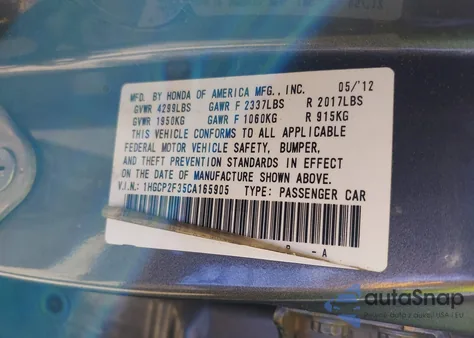 2012 Honda Accord 2.4 Lx z USA, uszkodzony, nr VIN 1HGCP2F35CA165905